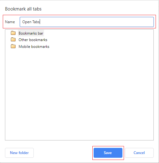 Chrome Bookmark all tabs Name highlighted