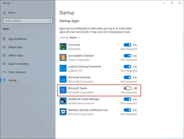 Microsoft Teams in Windows 10 Startup Apps