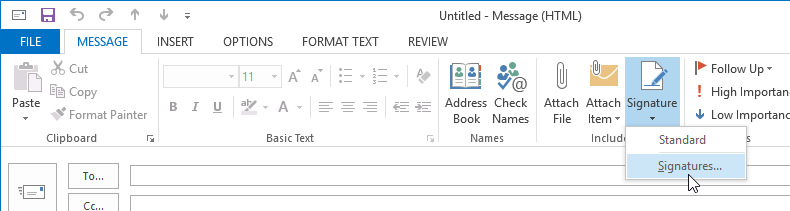 Outlook 2013 signature button