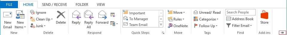 Outlook Home Ribbon bar pin icon highlighted