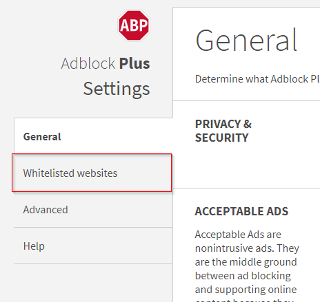 Adblock Plus settings menu