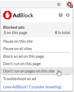 Adblock left click menu whitelist