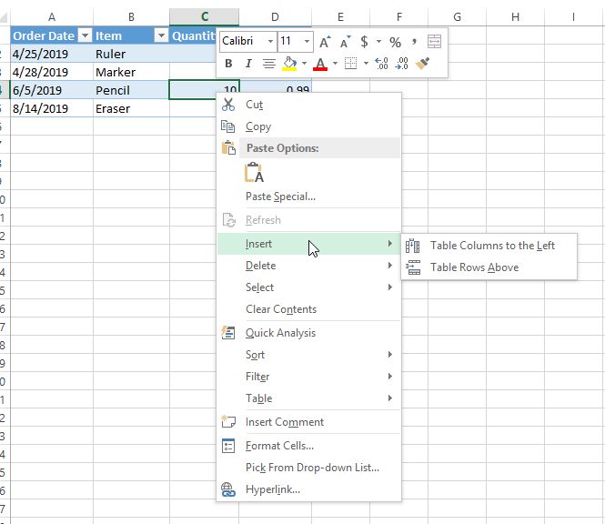 Excel table right click menu hover Insert