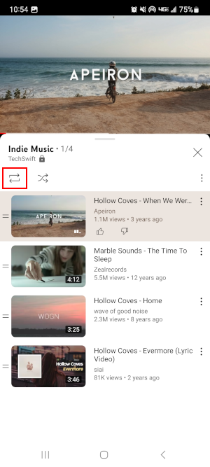 YouTube Mobile App Loop Button Above Playing Playlist