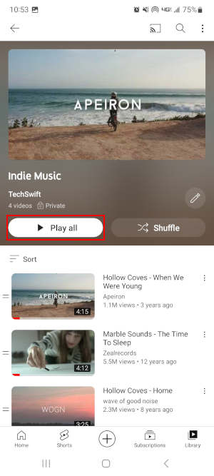 YouTube Mobile App Play All Button on Playlist Screen