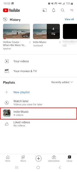 YouTube Mobile App Playlist on Library Screen