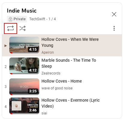 YouTube Web Loop Button Above Playing Playlist