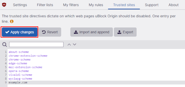 uBlock Origin Apply Changes Above Trusted Sites List