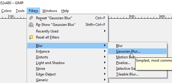 GIMP Gaussian blur selected in Filters menu