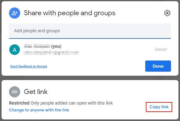 Google Docs Copy Link in Share File Window