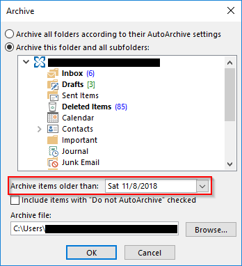 Outlook 2013 Archive items older than drop down