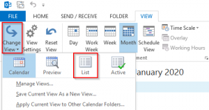 Outlook 2013 Calendar Change View List