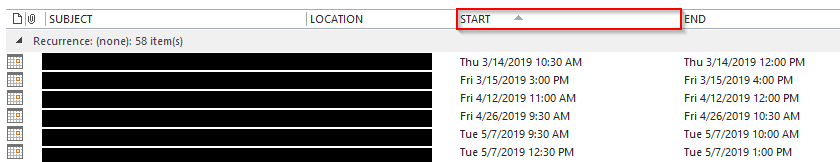 Outlook 2013 Calendar List View organized by oldest first