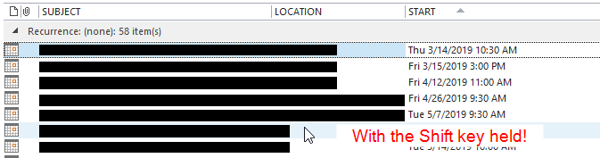 Outlook 2013 Select multiple calendar items with Shift click