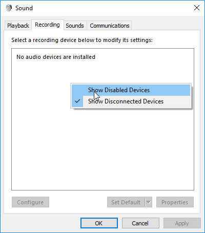 Windows 10 Sound window Show Disabled Devices