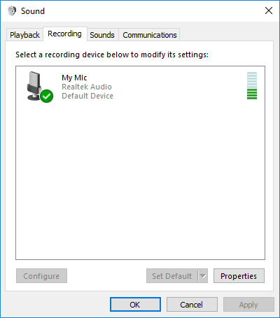 Windows 10 Sound window microphone detecting audio