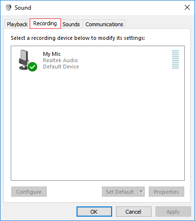 Windows 10 Sound window recording tab