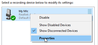 Windows 10 Sound window right click mic properties