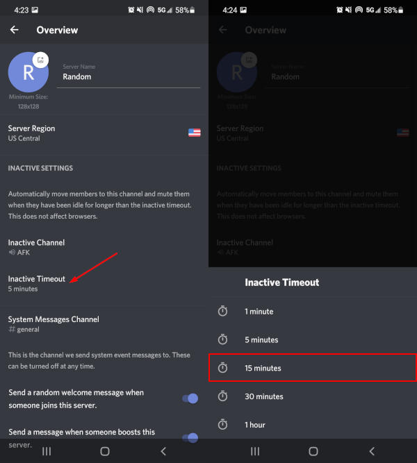 Discord Mobile App 15 Minutes in Inactive Timeout Settings Menu