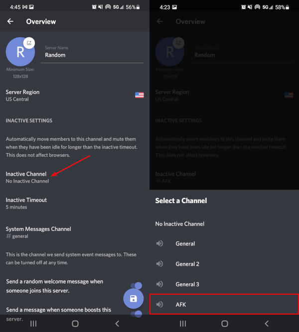 Discord Mobile App AFK Channel in Inactive Channel Settings Menu