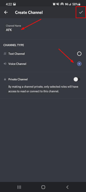 Discord Mobile App Channel Name Channel Type and Checkmark in Create Channel Screen