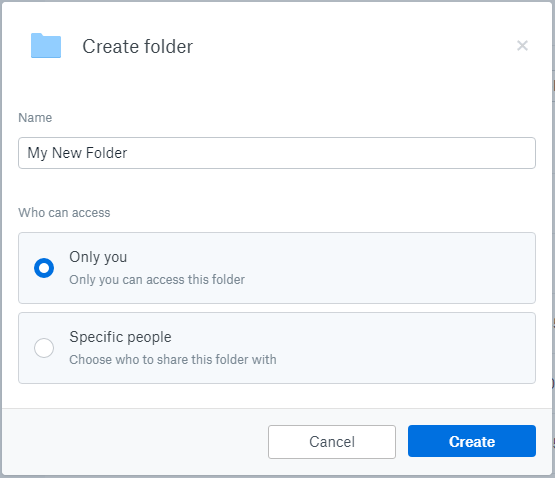 Dropbox Create Folder Window