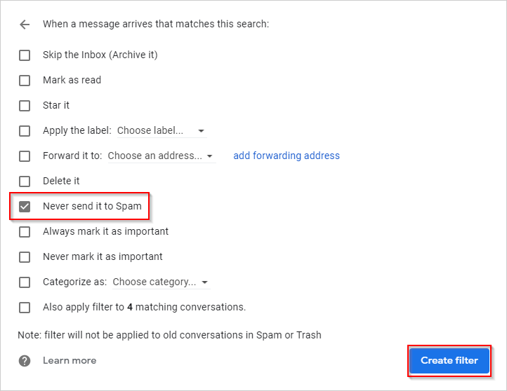 Gmail Create Filter Never Send to Spam