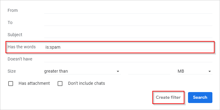 Gmail Create Filter is:spam