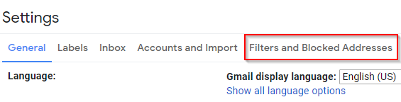 Gmail Settings Filters and Blocked Addresses Tab