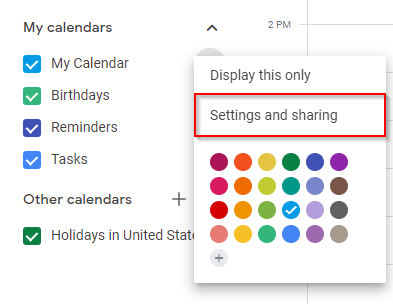 Google Calendar Settings and Sharing