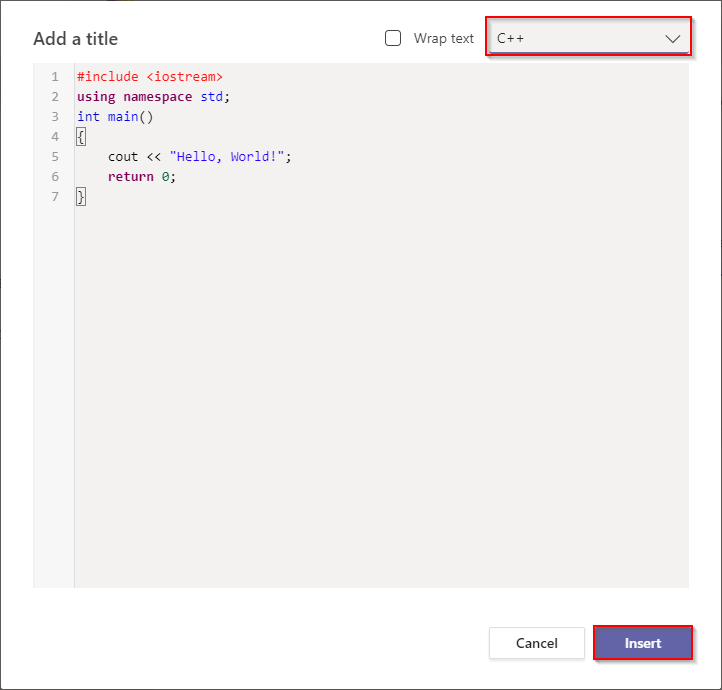 Microsoft Teams Insert Code Snippet Window