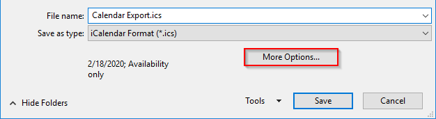 Outlook Export Calendar More Options Button