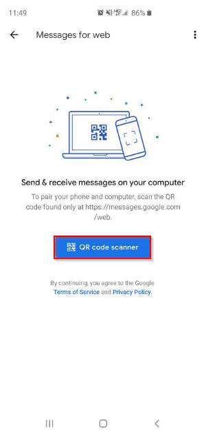 Google Messages QR Code Scanner Button