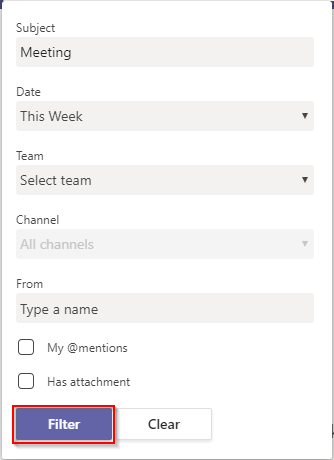 Microsoft Teams Filter Window