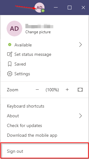 Microsoft Teams Sign Out Button