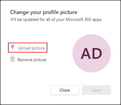 Microsoft Teams Upload Picture in Change Profile Picture Window