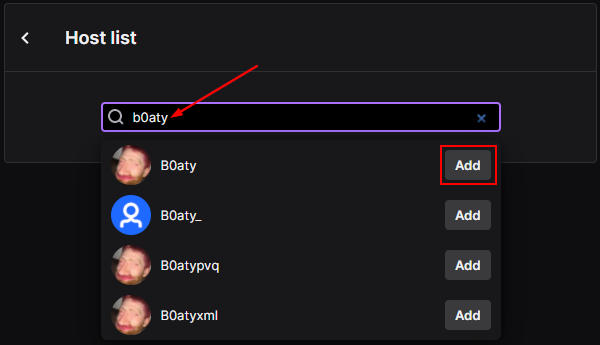Twitch B0aty and Add Button in Host List Search Results