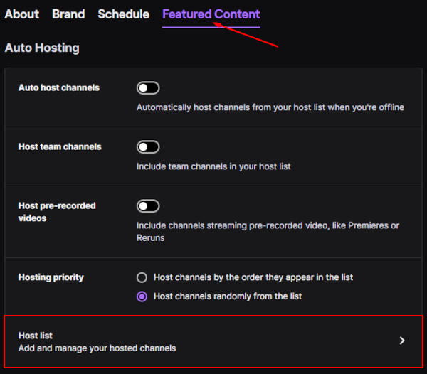Twitch Host List Option in Channel Settings