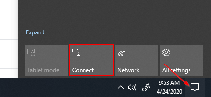 Windows 10 Action Center Connect Button Zoom to TV on Roku