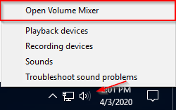 Windows 10 Open Volume Mixer