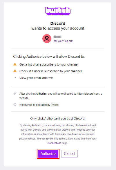 Authorize Button in Twitch Discord Authorization Notice