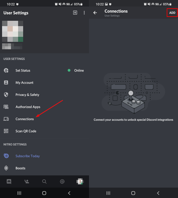 Discord Mobile App Add Button on Connections Settings Screen