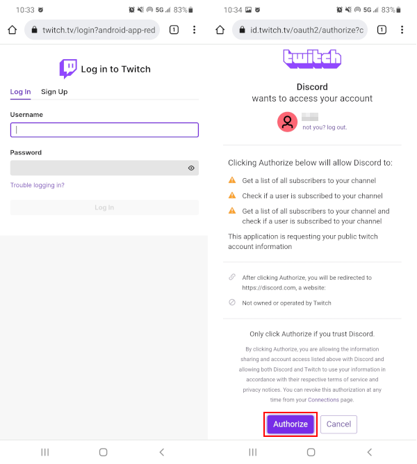 Discord Mobile App Authorize Button on Twitch Connect Discord Screen