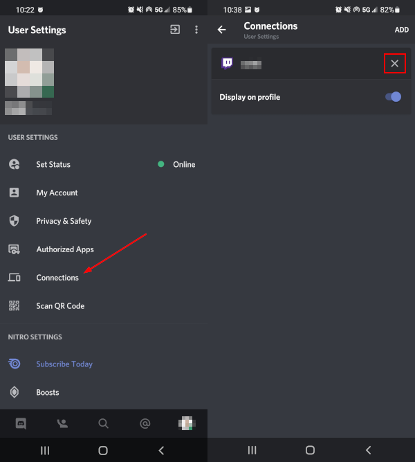 Discord Mobile App Disconnect X on Twitch Connection on Connections Screen