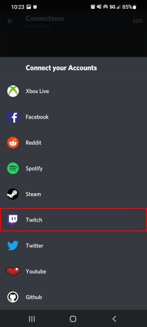 Discord Mobile App Twitch in Add Connection Menu