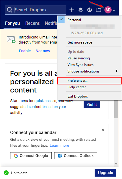 Dropbox Menu User Preferences