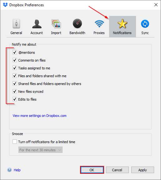 Dropbox Preferences Notifications Settings