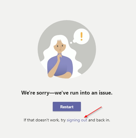 Microsoft Teams Sign Out Link on Error Screen