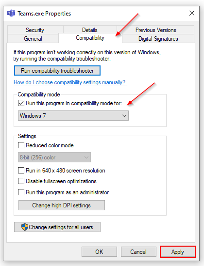 Teams.exe Compatibility Mode Settings