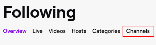 Twitch Channels tab on Following Page